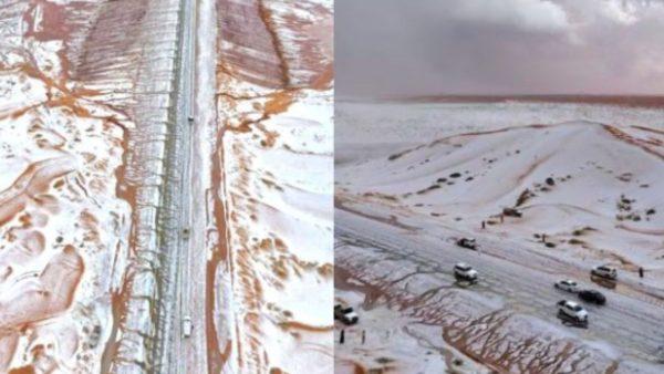 Por primera vez, apareció el paisaje desértico de Arabia Saudita cubierto de nieve