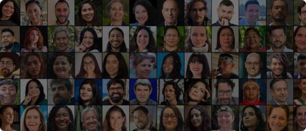 Mosaico fotográfico compuesto por múltiples retratos en miniatura de personas diversas (líderes, activistas y personalidades) organizados en filas y columnas rectangulares, correspondiente a la iniciativa «Los 100 Latinos Más Comprometidos con la Acción Climática 2026» de Sachamama y la Agencia EFE
