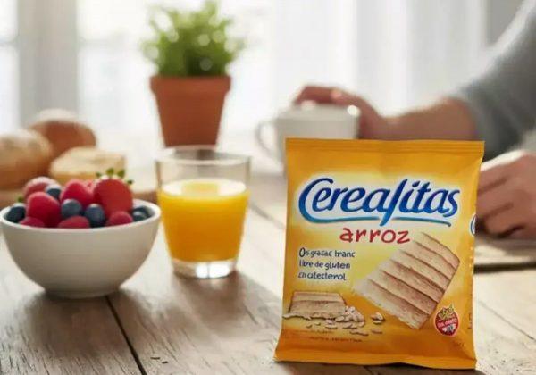 Paquete de galletas de arroz en primer plano, con un jugo de naranja, bowl de frutas y una mano tomando una taza blanca de fondo.