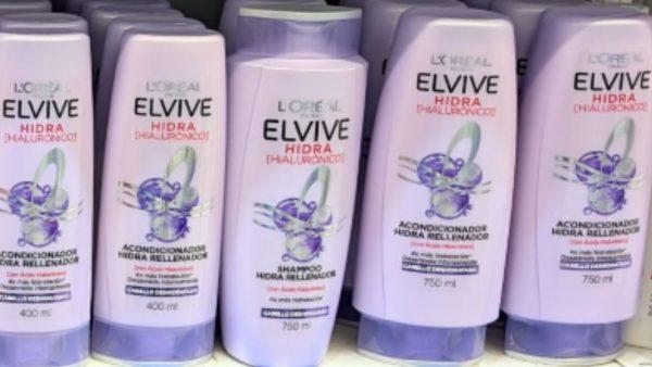 cinco envases de color lila, marca Elvive de L'oreal. (Crédito: Web)