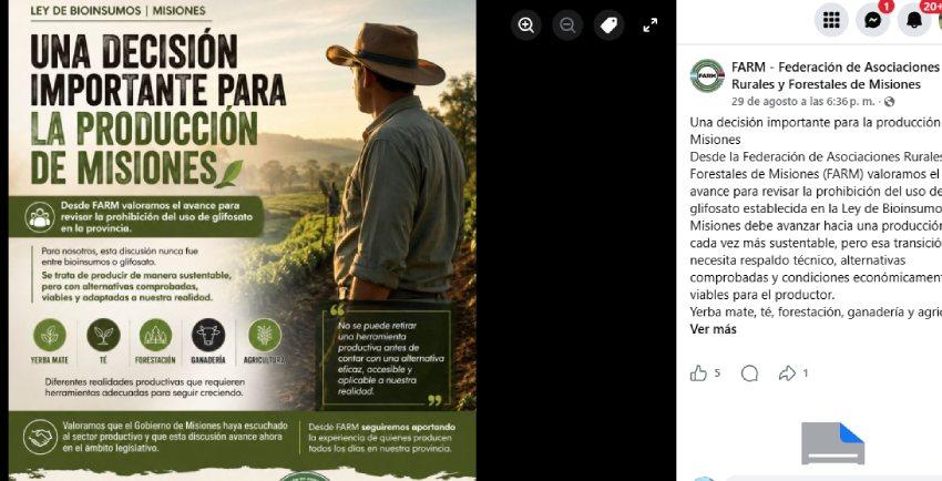 Comunicado de la Federación de Asociaciones Rurales y Forestales de Misiones (FARM). Imagen: FARM