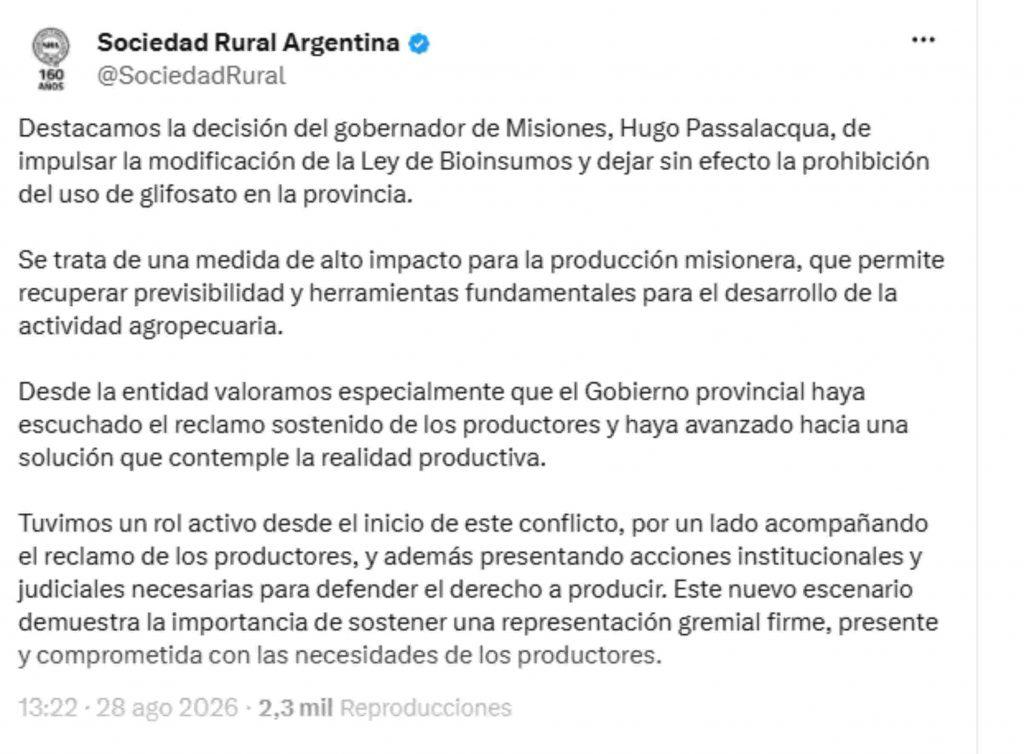 Comunicado de la Sociedad Rural Argentina. Imagen: Sociedad Rural Argentina