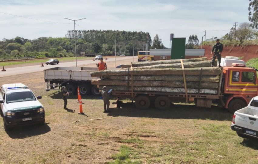 Un camión con troncos de madera, al lado dos agentes de la policía. Imagen: argentina.gob.ar