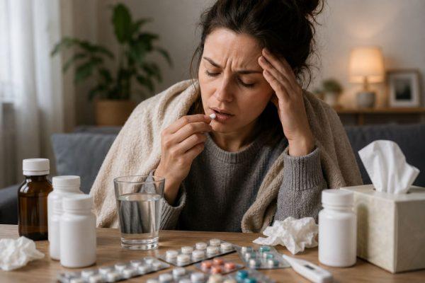 Una mujer tomando un medicamento. Sobre la mesa, blisters y tarros de plástico blancos de medicamentos y pañuelitos descartables. (Crédito: imagen generada con inteligencia artificial)