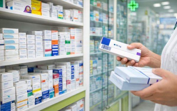 dos manos sostienen cajas de medicamentos y de fondo hay tres estantes con más medicamentos