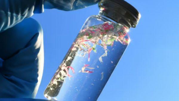 una botella de agua con cientos de partículas de plástico
