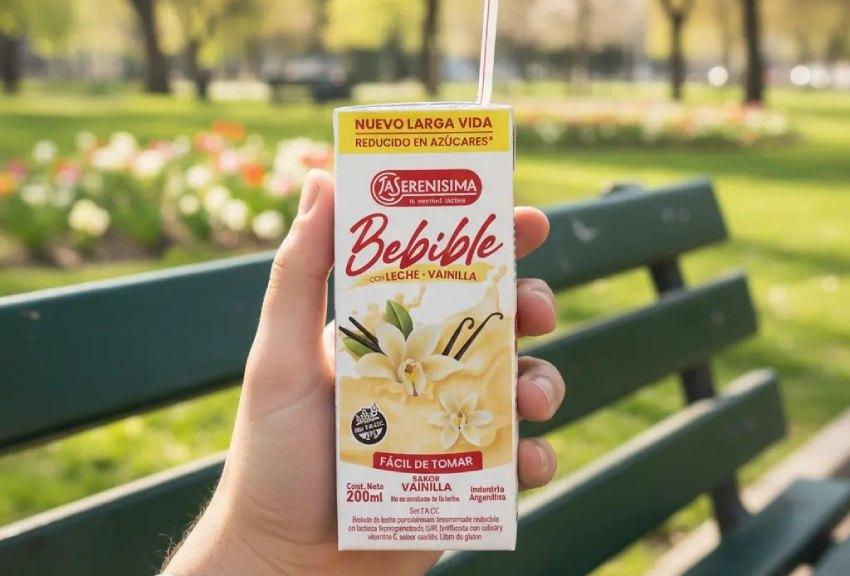 Una mano sostiene un envase de cartón tipo Tetra Brik de la marca La Serenísima correspondiente al producto "Bebible sabor vainilla con leche".