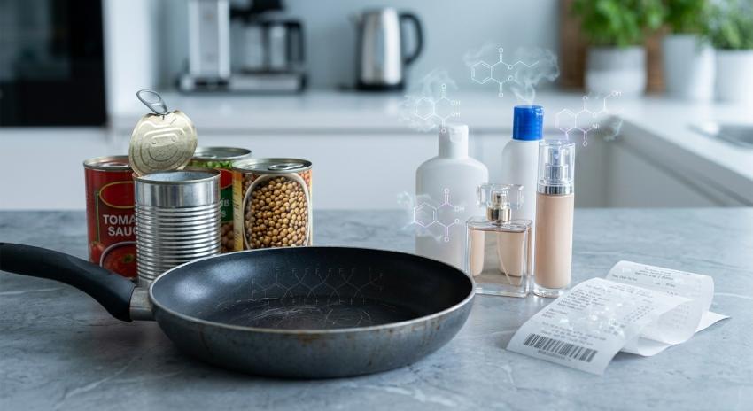 Selección de productos cotidianos asociados a disruptores endocrinos —sartén antiadherente, alimentos enlatados, cosméticos y un ticket de compra— sobre la mesada de una cocina. Crédito: GEMINI