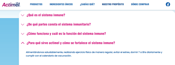 Captura de pantalla del sitio web oficial de Actimel: para qué sirve el producto, una pregunta sin respuesta.