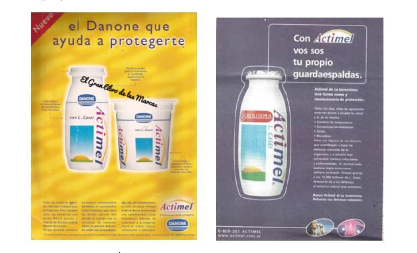 Dos afiches publicitarios impresos del producto lácteo Actimel colocados lado a lado.