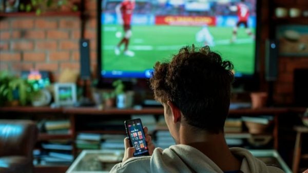 un chico sentado con el celular en la mano, mientras mira un partido de fútbol de fondo