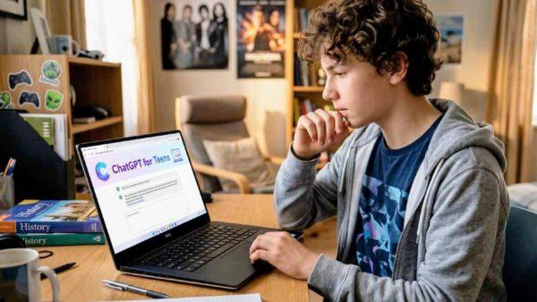 un joven observa una laptop mientras navega en Chat GPT for teens