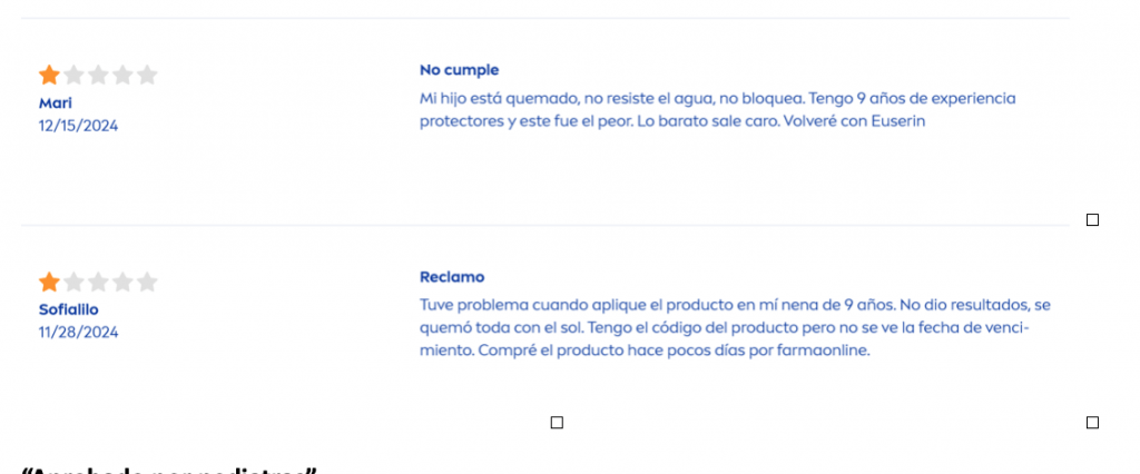 dos reseñas negativas sobre los protectores solares que no llegaron a proteger lo que indicaban