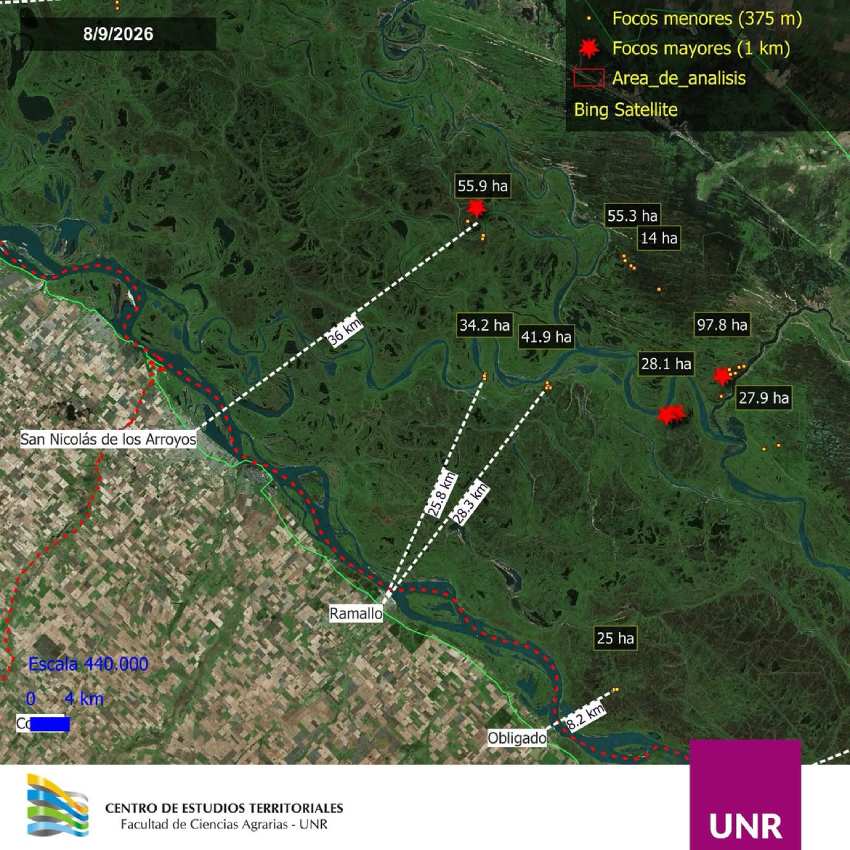 Captura de pantalla de una publicación de Instagram de la UNR que muestra un mapa satelital con los focos de incendios en los humedales del Delta del Paraná frente a Rosario y Victoria.
