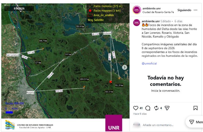 Captura de pantalla de una publicación de Instagram de la UNR que muestra un mapa satelital con los focos de incendios en los humedales del Delta del Paraná frente a Rosario y Victoria.
