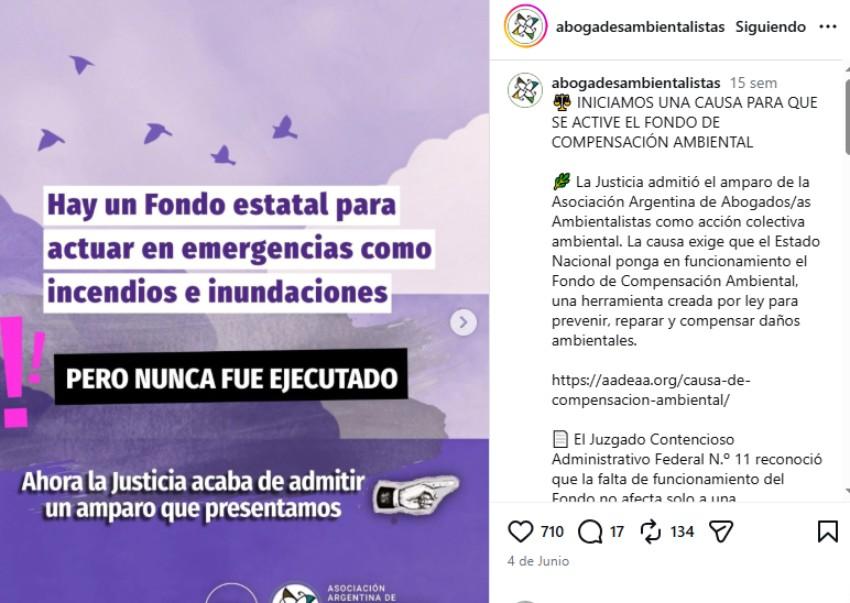 Captura de pantalla de una publicación de Instagram de la cuenta @abogadesambientalistas