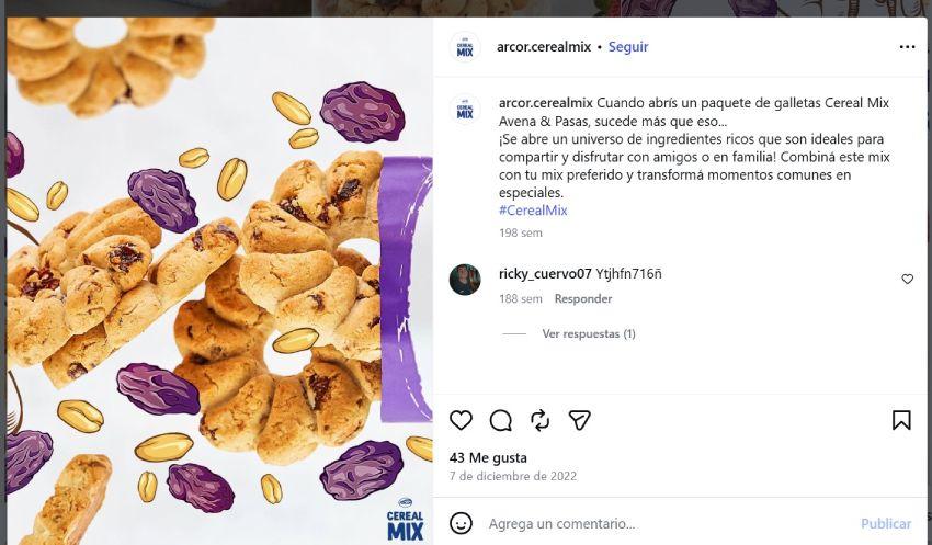 Captura de pantalla de una publicación de Instagram de la cuenta arcor.cerealmix. Muestra galletitas de avena y pasas con forma de anillo flotando junto a pasas de uva e ilustraciones de cereales, acompañado del texto de la publicación a la derecha