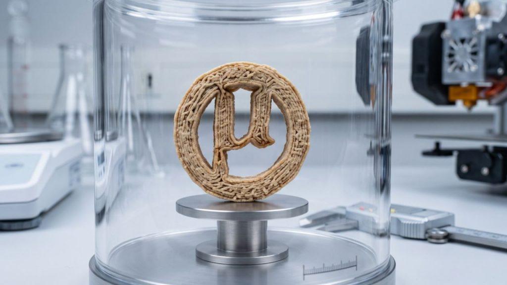 una galletita de muestra hecha con plástico PET dentro de un frasco de vidrio