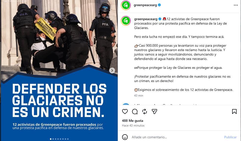 Post de la apelación que presentó Greenpeace ante la Justicia. Protesta de activistas de Greenpeace Argentina en el Congreso de la Nación. Imagen: Greenpeace Argentina