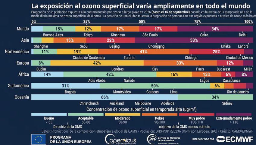 Gráficos de barras que muestra la exposición al ozono superficial varía ampliamente en todo el mundo.