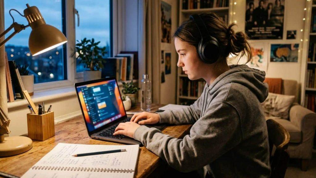 una joven con auriculares está sentada en su habitación frente a la computadora mientras navega en ChatGPT