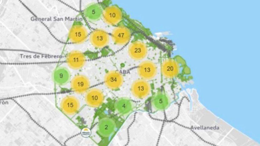 un mapa de CABA con todos los refugios climáticos disponibles