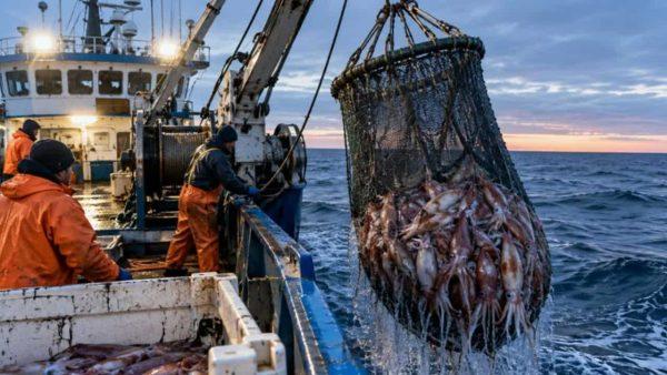 un barco pesquero sacando pescados cerca de las Islas Malvinas