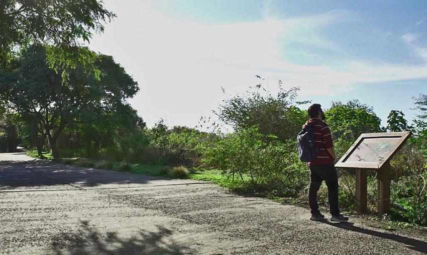 Un hombre parado en la Reserva Ecológica Ciudad Universitaria-Costanera Norte mirando el mapa del lugar