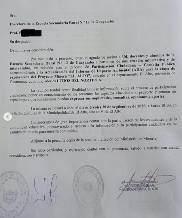 Carta de invitación a la directora de la escuela rural. Crédito: Economía Sustentable