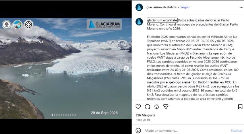 El post de Glaciarum donde explica cómo el glaciar Perito Moreno retrocedió unos 910 metros en apenas 100 días. Crédito: Glaciarum