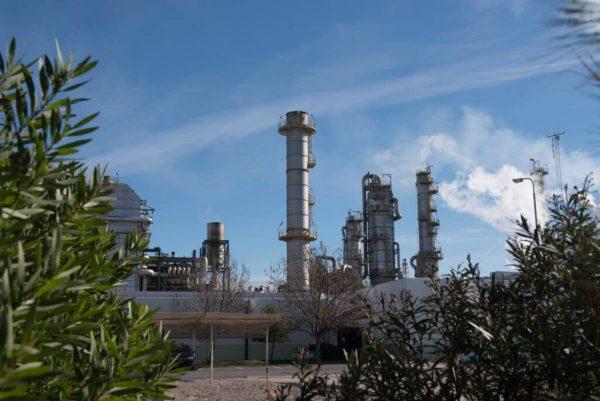 Vista exterior de una planta industrial o petroquímica con chimeneas y torres de procesamiento metálicas bajo un cielo azul despejado, enmarcada en el primer plano por hojas verdes de plantas.