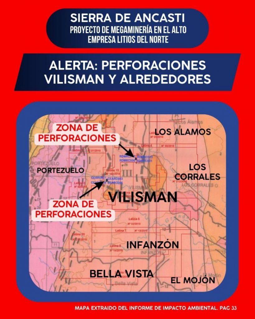 Infografía con mapa que alerta sobre perforaciones por el proyecto de megaminería de litio en Sierra de Ancasti, Vilisman y alrededores.