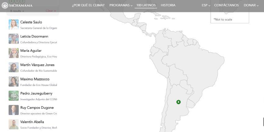 Captura de pantalla de la página web de Sachamama (sección «100 Latinos») que muestra un mapa interactivo de América Latina con un marcador en Argentina y una lista lateral izquierda con fotos y cargos de ocho personas destacadas: Celeste Saulo, Leticia Doormann, María Aguilar, Martín Vázquez Jones, Máximo Mazzocco, Pedro Jaureguiberry, Ruy Campos Dugone y Valentín Abella.