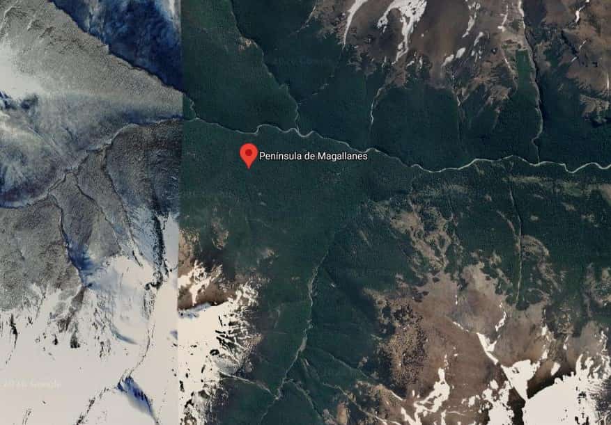 un mapa satelital que marca la ubicación de la Península de Magallanes