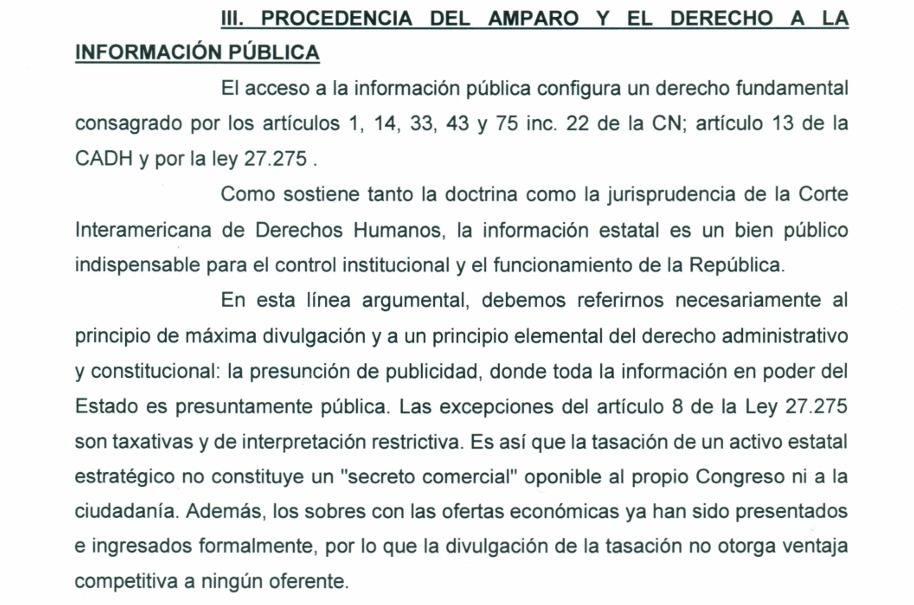 Página de un documento legal con el título «III. PROCEDENCIA DEL AMPARO Y EL DERECHO A LA INFORMACIÓN PÚBLICA». El texto argumenta que el acceso a la información pública es un derecho fundamental (consagrado por artículos de la Constitución Nacional, la CADH y la ley 27.275). Crédito: Economía Sustentable