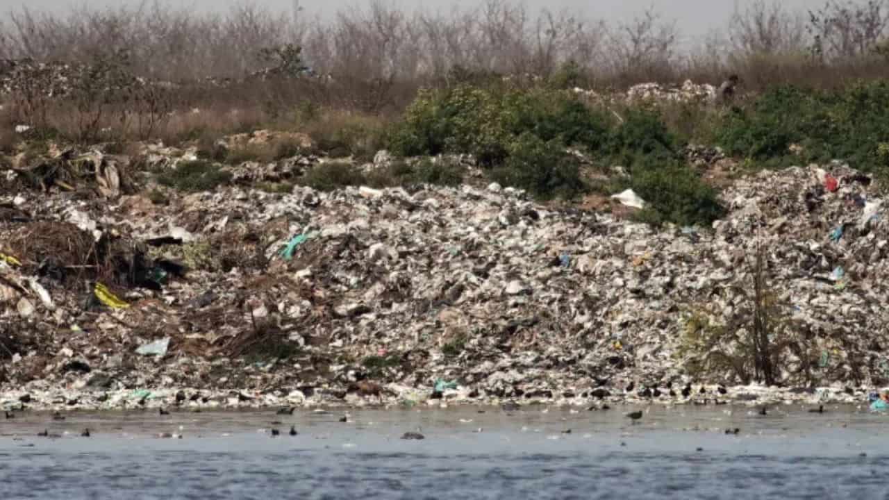 Basural a cielo abierto en San Pedro, con residuos acumulados a orillas de un curso de agua y vegetación en los alrededores