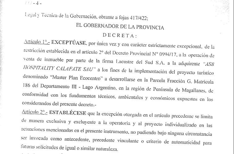 El decreto 994/17 del Gobierno de Santa Cruz que autoriza excepcionalmente la venta de un inmueble para desarrollar el proyecto turístico Master Plan Ecocentro en la península de Magallanes