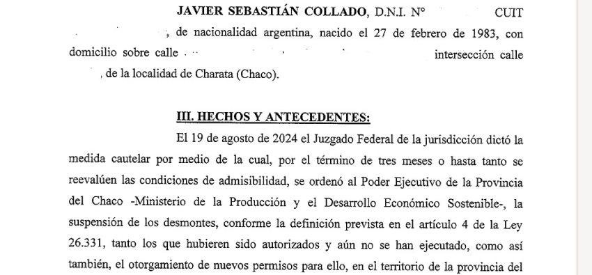 Fragmento de un escrito judicial firmado por Javier Sebastián Collado que menciona la suspensión cautelar de desmontes y permisos en la provincia del Chaco dictada en agosto de 2024.