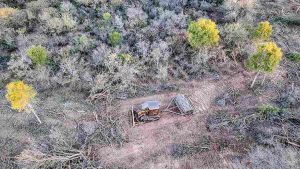 Vista aérea de una topadora o maquinaria pesada realizando tareas de desmonte y deforestación en un área boscosa.