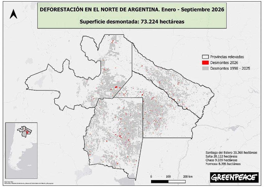 Mapa de Greenpeace sobre la deforestación en el norte de Argentina entre enero y septiembre de 2026, con una superficie desmontada de 73.224 hectáreas.