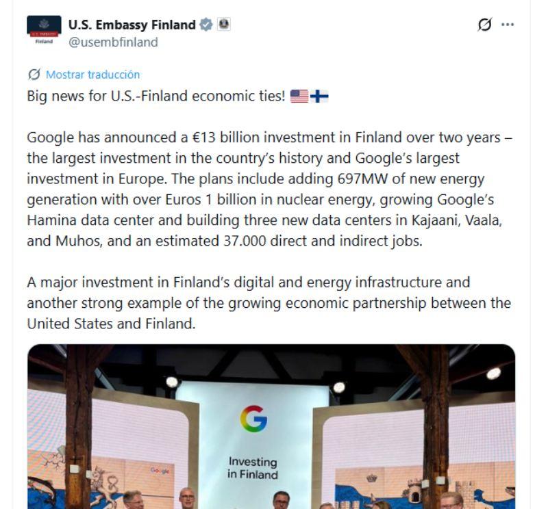 Captura de pantalla de una publicación en X (Twitter) de la Embajada de EE. UU. en Finlandia sobre un anuncio de inversión de Google de 13 mil millones de euros en Finlandia