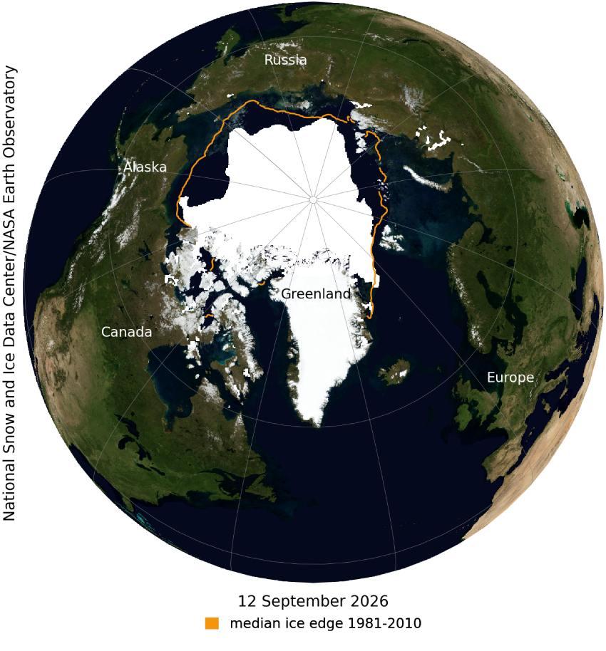 Esta imagen Blue Marble de la NASA muestra el hielo marino del Ártico el 12 de septiembre de 2026, cuando probablemente alcanzó su extensión mínima del año. La extensión del hielo marino para el 12 de septiembre fue de 4,60 millones de kilómetros cuadrados (1,78 millones de millas cuadradas), la décima más baja del registro satelital, empatada con los valores de 2008, 2010 y 2025.