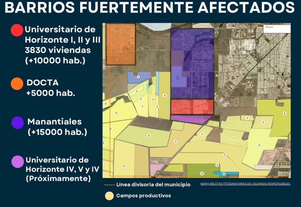 Mapa de los barrios afectados por las fumigaciones, con la ubicación de los complejos Universitario de Horizonte, Docta y Manantiales en relación con los campos productivos
