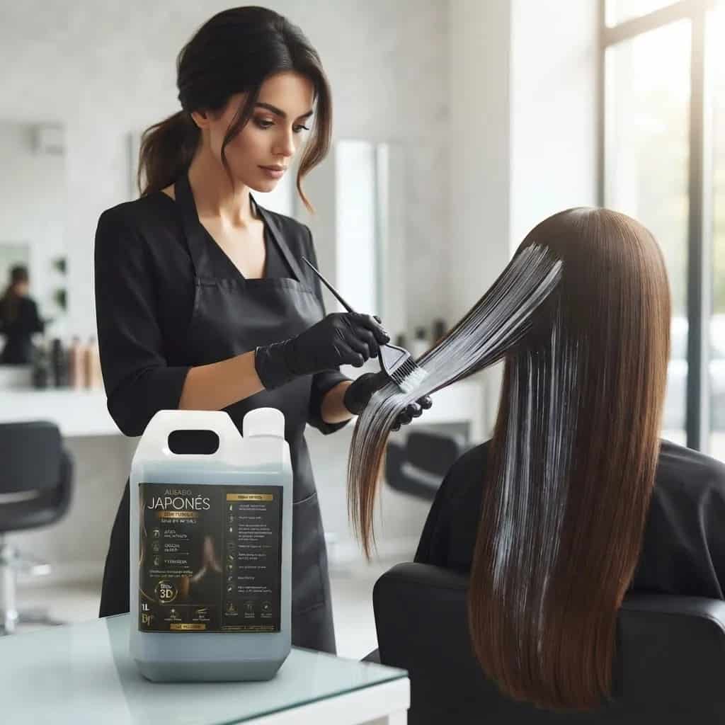 una peluquera aplica el producto aliador sobre el pelo de una clienta en un entorno de peluquería y se muestra un envase grande que contiene el producto aparentemente utilizado