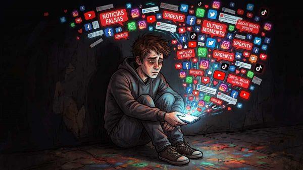 Ilustración de un joven angustiado sentado en el suelo mientras mira su celular, rodeado de notificaciones, redes sociales, alertas de último momento y mensajes de noticias falsas